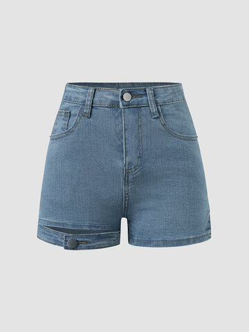 Solid Cut Out Denim Shorts