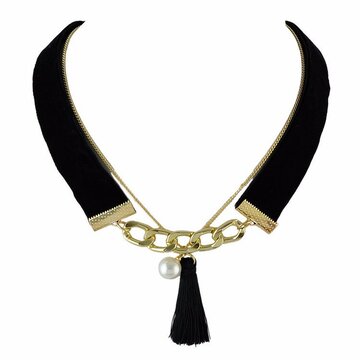 Bohemian Multilayer Necklace Black Tassel Flannel Pearl Collar Necklace