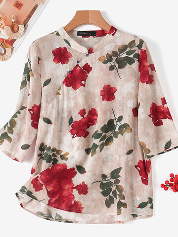 Floral Print Chinese Style Blouse