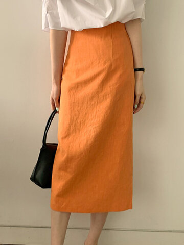Pures Color Back Zipper Calf Length Skirt