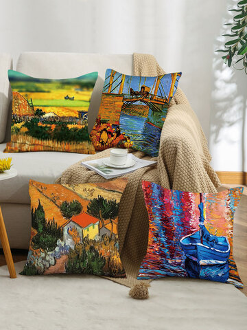 4 Pcs Landscape Oil Painting Colorful Village Farmhouse Print Pillowcase Throw Pillow Cover Linen Sofa Home Car Cushion Cover