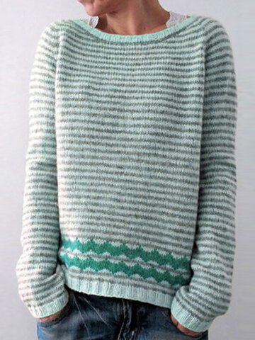 Полосатый свитер с круглым вырезом Шея
