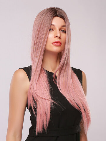 Black-pink Long Medium Parted Straight Wig