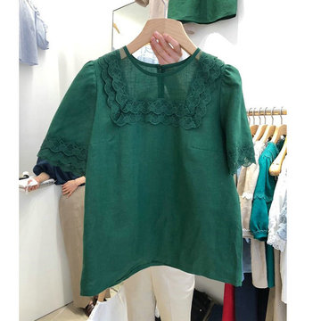 

Korea Dongdaemun Season Lace Panel Short Sleeve Shirt Ocean Slim Wild Top