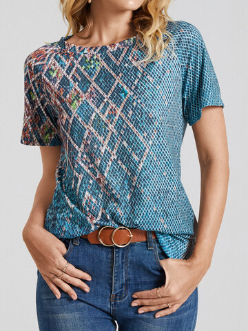 Plaid Print Short Sleeve O-neck Casual T-shirt for Women