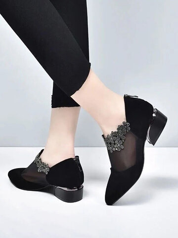 Flower Embellished Breathable Mesh Block Heel Ankle Boots