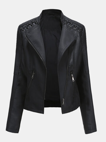 Solid Color Faux PU Leather Jacket