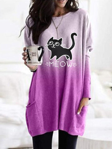Women’s Cat Print Long Sleeves O-neck Casual Blouse For Women