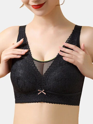 Women Flowery Embroidered Lace Mesh Spliced Full Cup Comfy Bras 