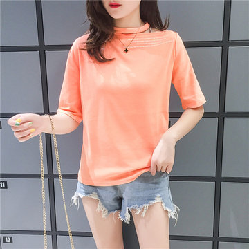 

Season Women's Super Hanging Neck Strapless T-shirt Female Short-sleeved Clavicle Sexy Leaking Shoulders Wild Shirt Tide