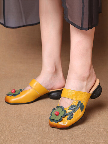 Leather Flowers Square Closed Toe Slippers