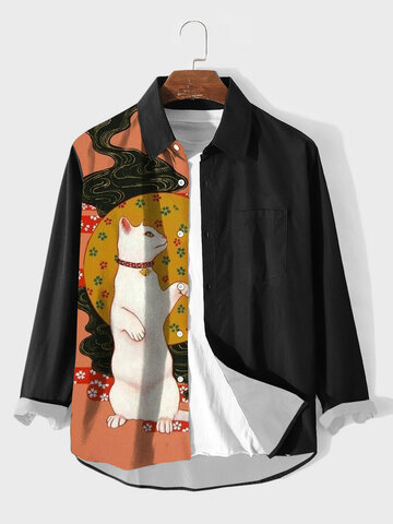 Японские рубашки в стиле пэчворк с принтом Кот