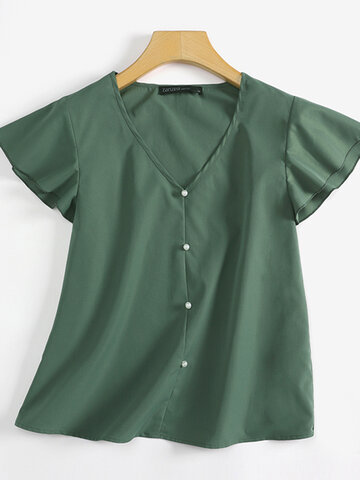 Einfarbige Bluse mit Rüschenärmeln und V-Ausschnitt