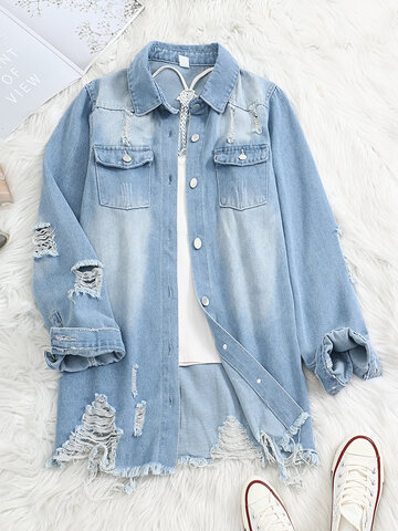 Solid Color Ripped Denim Jacket