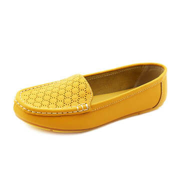 

Egg Roll Leather Folded Slip On Flat Hollow Out Breathable Loafers, Yellow