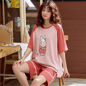 

6535 Cotton Short-sleeved Women's Pajamas Season Loose Thin Section Can Be Worn Outside Home Service Two-piece Suit, White