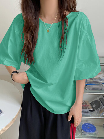 Solid Puff Sleeve Loose Blouse