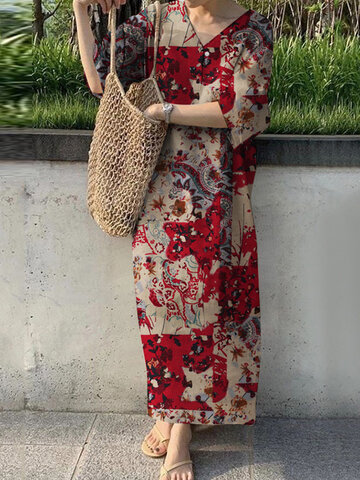 Vestido com decote em V estampa floral vintage
