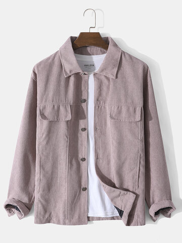 Men's Corduroy Solid Color Button Front Loose Cargo Style Shirt Jacket