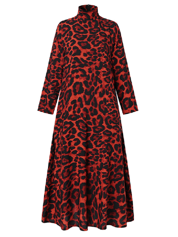 Leopard Print High Neck Long Dress