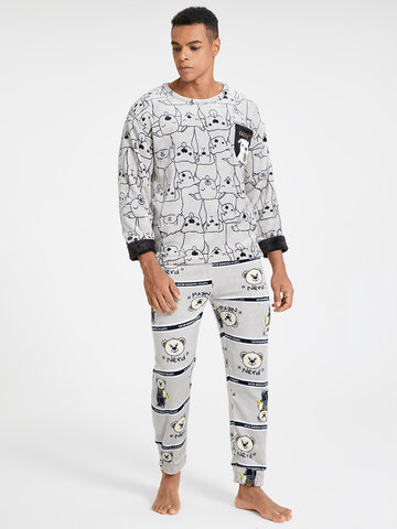 Flannel Cartoon Dog Print Pullover Pajamas