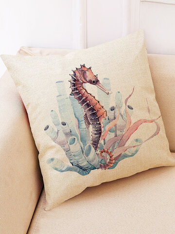 Watercolor Underwater Creatures Seahorse Linen Cushion Cover