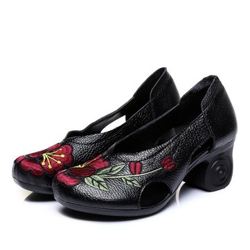 Flowers Embroidery Leather Hollow Pumps
