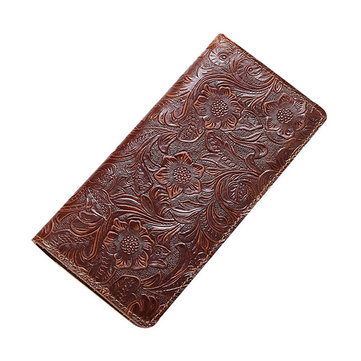 Porte-cartes portefeuille en cuir véritable avec motif de passeport de stockage de fleurs long-Chocolat