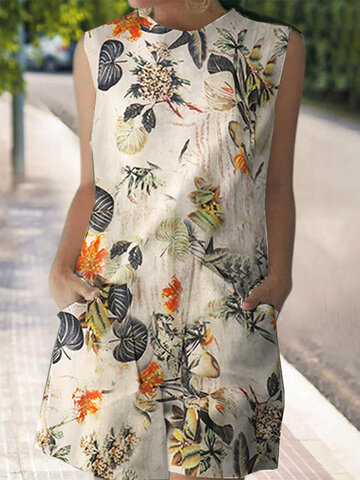 Cotton Plant Print Pocket Casual Dress