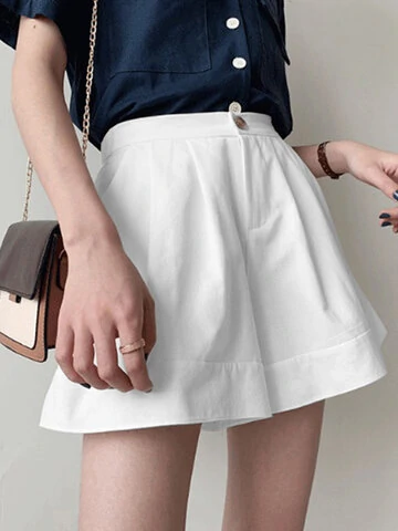 Solid Loose Button Elastic Waist Wide Leg Casual Shorts 