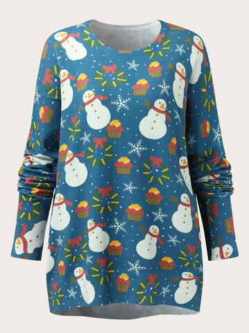 Christmas Snowman Print O-neck Sweater