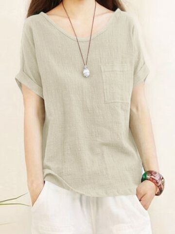 Solid Pocket Casual Blouse