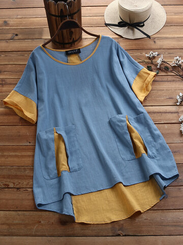 Patchwork Short Sleeve Blouse With Pocket