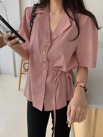 Solid Button Casual Cotton Blouse