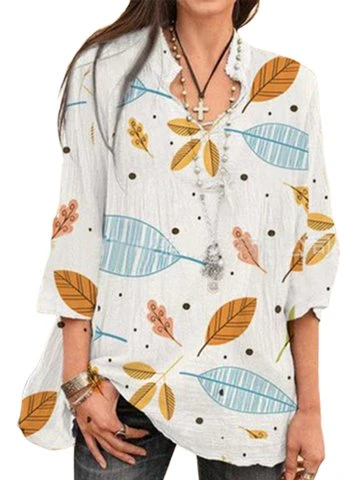 Leaves Print 3/4 Sleeve Stand Collar Blouse For Women