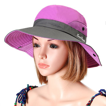 

Women Foldable Mesh Breathable Anti-UV Fisherman Hat Outdoor Travel Sunscreen Bucket Hat, Purple orange pink watermelon red blue yellow red