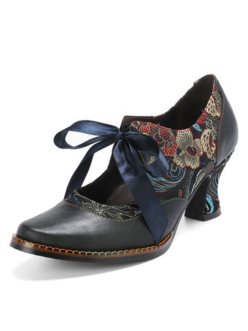 Socofy Leather Embroidery Patchwork Mary Jane Heels