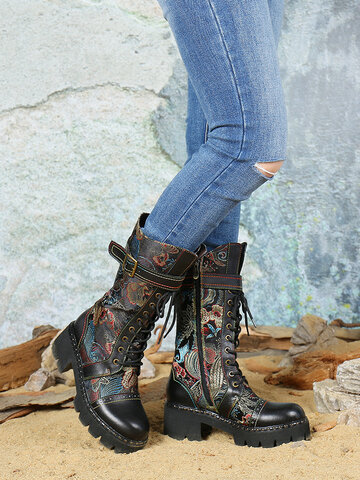 Retro Flowers Cloth Leather Splicing Fashion Mid-calf Boots