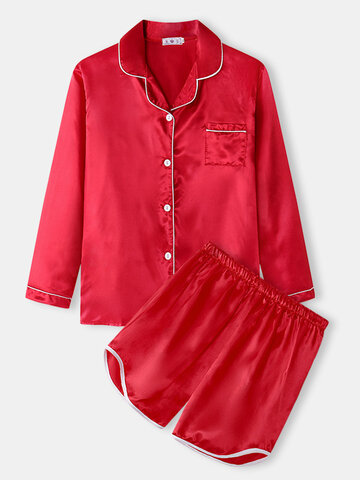 Contrast Lining Single Pocket Pajamas Sets