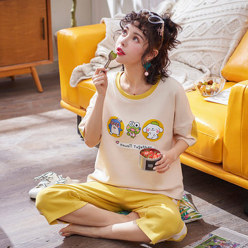 Pajamas Women's Quarter Short-sleeved Cropped Trousers Suit Thin Section Casual Fresh Pants Home Service Female Days