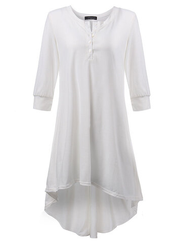 Brief Solid Button O Neck Irregular Cotton Dress