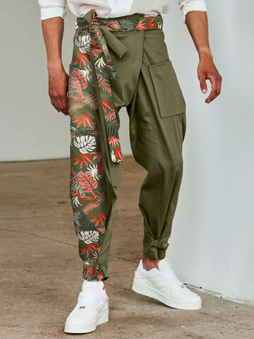 Palm Print Spliced Patchwork Belted Pants