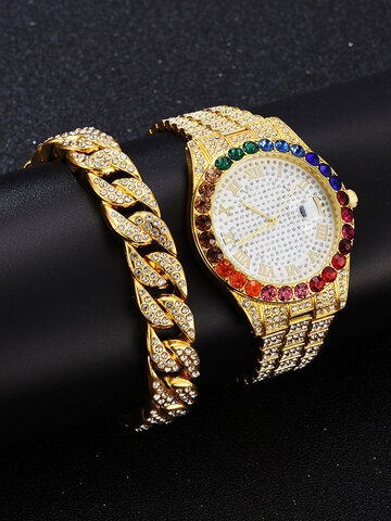 2 piezas / set hombres cuarzo Watch pulsera de diamantes de imitación