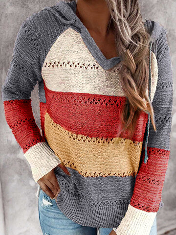 Striped Hollow Out Loose Long Sleeve Knitted Hooded Sweater