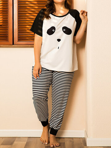 Plus Size Panda Print Striped Loungewear