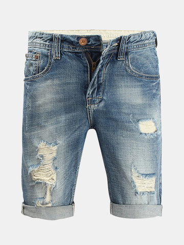 

Summer Overknee Stylish Worn Hole Jeans Stone Washed Denim Shorts For Men, Blue