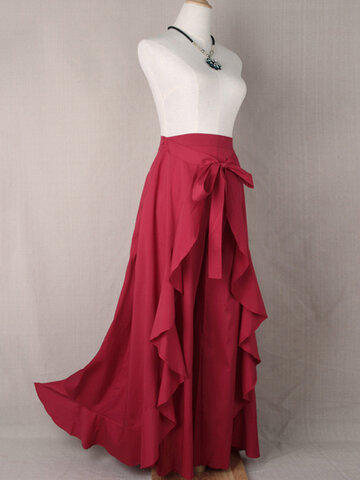 

Elegant Flouncing Drawstring Dress Pants, Black wine red