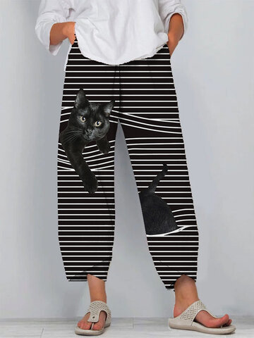 Black Cat Print Striped Patchwork Pants