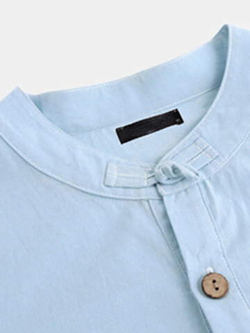 Cotton Linen Retro Solid Henley Shirt