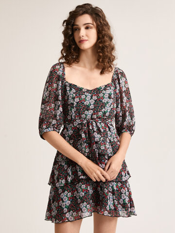 Floral Print Knotted Layered Dress